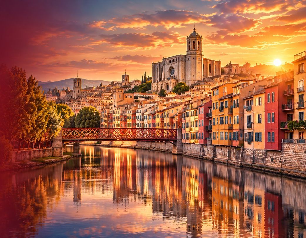 Rio Onyar e Catedral de Girona ao entardecer